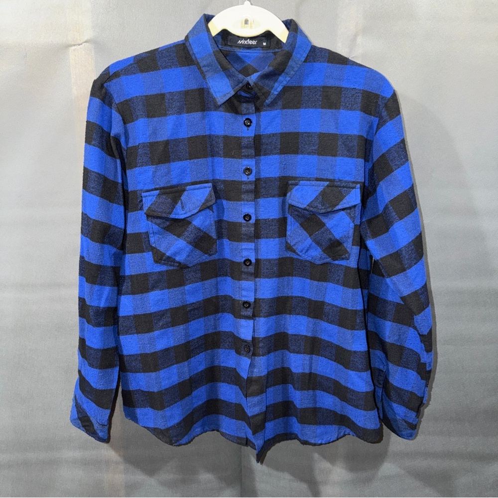 Mixfeer Unisex Blue/Black button up flannel Shirt Sz Medium Long Sleeve